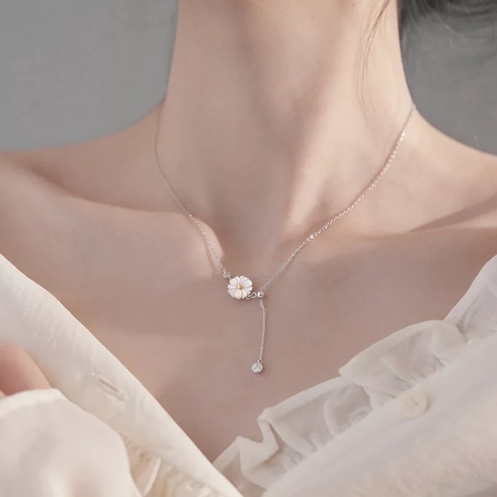 New 925 Sterling Silver Daisy & Crystal Adjustable Necklace
